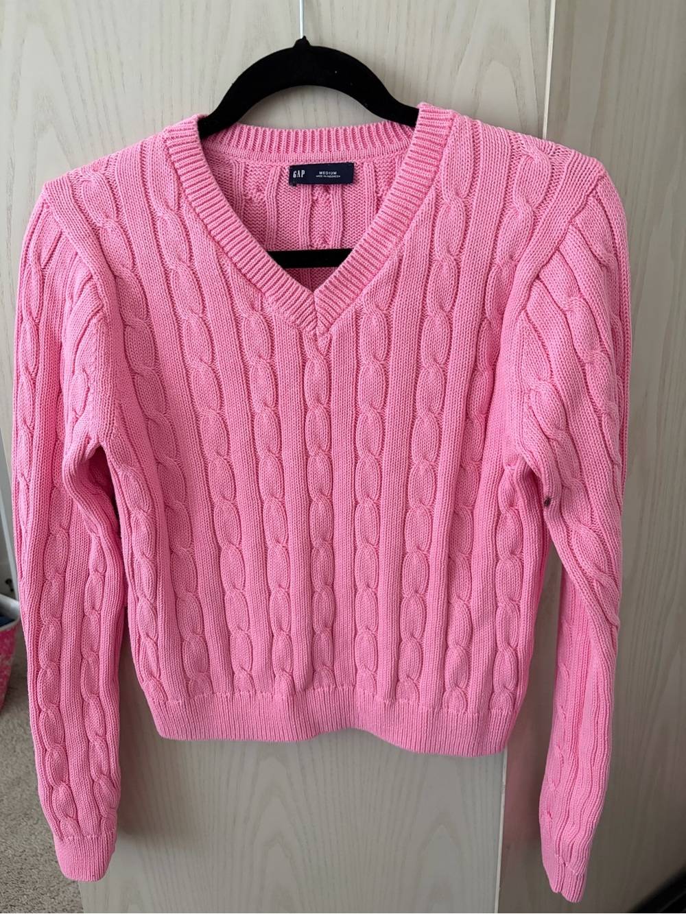 GAP Pink Cable-Knit V-Neck Sweater - Soft Bubblegum Pink